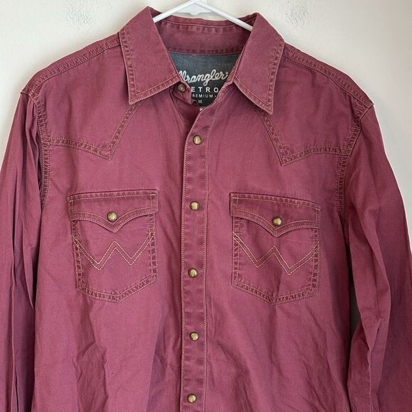 Wrangler Men's Retro Burgundy snap buttons long sleeve button down Shirt medium - Picture 2 of 9